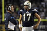 SAN DIEGO, CA - NOVEMBER 10:  Head coach Norv Turner of the San Diego Chargers talks with quarterback  Philip Rivers #17 in the first half while taking on the Oakland Raiders at Qualcomm Stadium on November 10, 2011 in San Diego, California.  (Photo by Harry How/Getty Images)