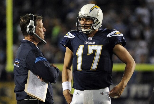 SAN DIEGO, CA - NOVEMBER 10:  Head coach Norv Turner of the San Diego Chargers talks with quarterback  Philip Rivers #17 in the first half while taking on the Oakland Raiders at Qualcomm Stadium on November 10, 2011 in San Diego, California.  (Photo by Harry How/Getty Images)