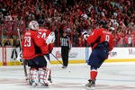 WASHINGTON, DC - OCTOBER 10:  Tomas Vokoun #29 of the Washington Capitals celebrates with Alex Ovechkin #8 after a 6-5 victory in a shootout against the Tampa Bay Lightning at the Verizon Center on October 10, 2011 in Washington, DC.  (Photo by Greg Fiume/Getty Images)