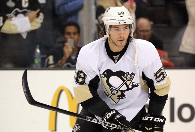 LOS ANGELES, CA - NOVEMBER 05:  Kris Letang #58 of the Pittsburgh Penguins skates during warm up at Staples Center on November 5, 2011 in Los Angeles, California.  (Photo by Harry How/Getty Images)