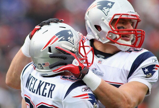 ORCHARD PARK, NY - DECEMBER 26:   Wes Welker #83 and Rob Gronkowski #87 of the New England Patriots celebrate Gronkowski's touchdown in the first half against the Buffalo Bills at Ralph Wilson Stadium on December 26, 2010 in Orchard Park, New York.  (Photo by Rick Stewart/Getty Images)