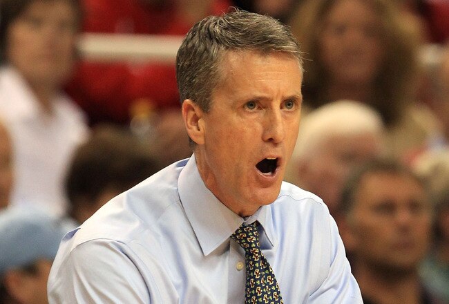 GREENSBORO, NC - MARCH 11:  Head coach Steve Donahue of the Boston College Eagles communicates with the team during the first half against the Clemson Tigers in the quarterfinals of the 2011 ACC men's basketball tournament at the Greensboro Coliseum on March 11, 2011 in Greensboro, North Carolina.  (Photo by Streeter Lecka/Getty Images)