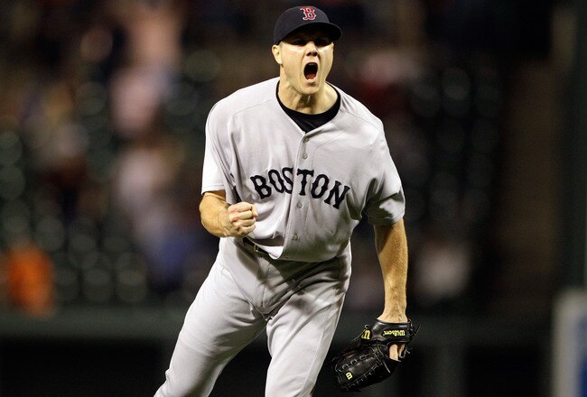 BALTIMORE, MD - SEPTEMBER 27:  Relief pitcher Jonathan Papelbon #58 of the Boston Red Sox celebrates getting the last out against the Baltimore Orioles during the Red Sox 8-7 win at Oriole Park at Camden Yards on September 27, 2011 in Baltimore, Maryland.  (Photo by Rob Carr/Getty Images)