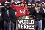 ST. LOUIS, MO - OCTOBER 30: Manager Tony LaRussa of the St. Louis Cardinals acknowledges the celebrating crowd inside Busch Stadium on October 30, 2011 in St Louis, Missouri. (Photo by Ed Szczepanski/Getty Images)