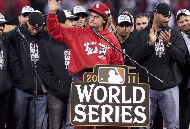 ST. LOUIS, MO - OCTOBER 30: Manager Tony LaRussa of the St. Louis Cardinals acknowledges the celebrating crowd inside Busch Stadium on October 30, 2011 in St Louis, Missouri. (Photo by Ed Szczepanski/Getty Images)