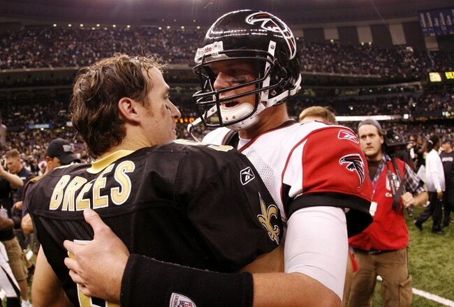 NEW ORLEANS - NOVEMBER 2:  Quarterback Drew Brees #9 of the New Orleans Saints greets quarterback Matt Ryan #2 of the Atlanta Falcons after the Saints 35-27 victory in the game at the Louisiana Superdome on November 2, 2009 in New Orleans, Louisiana. (Photo by Chris Graythen/Getty Images)