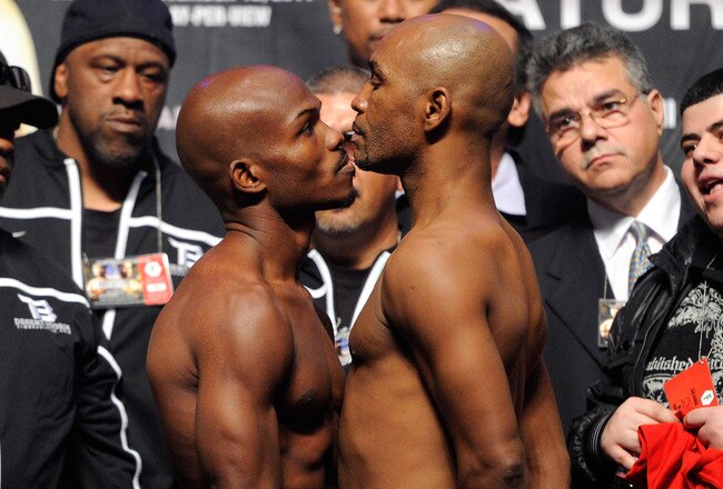 LAS VEGAS, NV - NOVEMBER 11:  (L-R) Boxers Tim Bradley and Joel Casamayor pose during the official weigh-in for their WBO world junior welterweight title fight at the MGM Grand Garden Arena November 11, 2011 in Las Vegas, Nevada. The main event will have Manny Pacquiao defending his WBO welterweight title against Juan Manuel Marquez when the two meet in the ring for the third time on November 12 in Las Vegas.  (Photo by Ethan Miller/Getty Images)