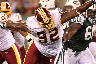 EAST RUTHERFORD, NJ - AUGUST 27:  Albert Haynesworth #92 of the Washington Redskins in action against the New York Jets during their preseason game on August 27, 2010 at the New Meadowlands Stadium  in East Rutherford, New Jersey.  (Photo by Al Bello/Getty Images)