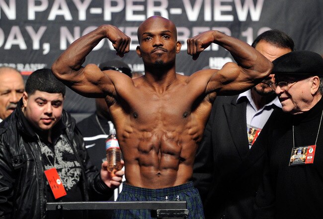 LAS VEGAS, NV - NOVEMBER 11:  Boxer Tim Bradley steps on the scale to weigh 140 pounds during the official weigh-in for his WBO world junior welterweight title fight against Joel Casamayor at the MGM Grand Garden Arena November 11, 2011 in Las Vegas, Nevada. The main event will have Manny Pacquiao defending his WBO welterweight title against Juan Manuel Marquez when the two meet in the ring for the third time on November 12 in Las Vegas.  (Photo by Ethan Miller/Getty Images)