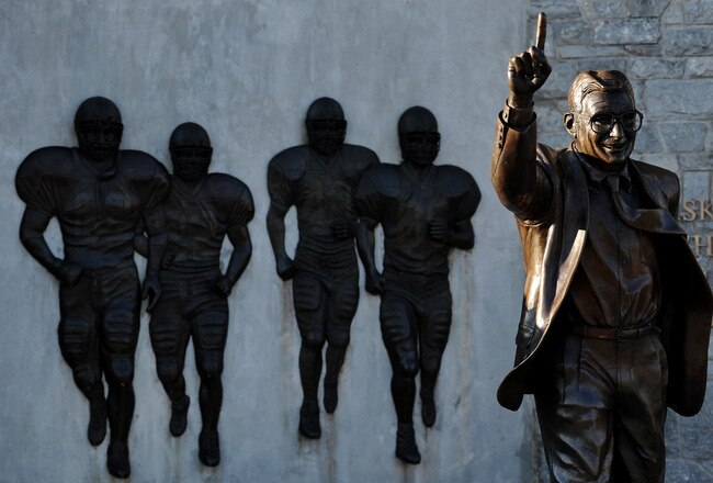 STATE COLLEGE, PA - NOVEMBER 12:  Former Penn State football coach Joe Paterno statue stands alone before the Penn State against Nebraska football game at Beaver Stadium on November 12, 2011 in State College, Pennsylvania. Head football coach Joe Paterno was fired amid allegations that former Penn State defensive coordinator Jerry Sandusky was involved with child sex abuse. Penn State is playing their final home football game against Nebraska.  (Photo by Patrick Smith/Getty Images)