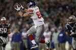 FOXBORO, MA - NOVEMBER 6:   Jake Ballard #85 of the New York Giants catches a pass in the second half against the New England Patriots at Gillette Stadium on November 6, 2011 in Foxboro, Massachusetts. The Giants won 24-20. (Photo by Jim Rogash/Getty Images)