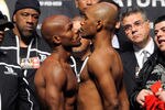 LAS VEGAS, NV - NOVEMBER 11:  (L-R) Boxers Tim Bradley and Joel Casamayor pose during the official weigh-in for their WBO world junior welterweight title fight at the MGM Grand Garden Arena November 11, 2011 in Las Vegas, Nevada. The main event will have Manny Pacquiao defending his WBO welterweight title against Juan Manuel Marquez when the two meet in the ring for the third time on November 12 in Las Vegas.  (Photo by Ethan Miller/Getty Images)
