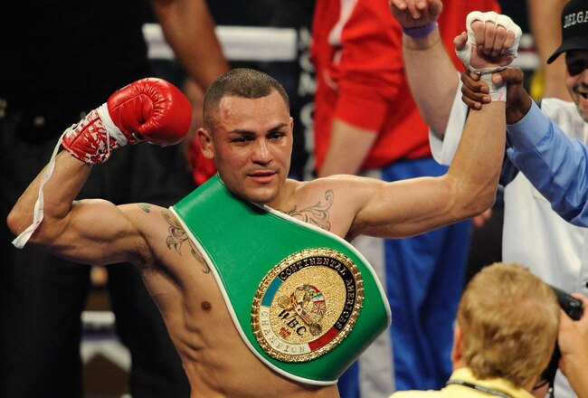 LAS VEGAS, NV - MAY 07:  Mike Alvarado celebrates after defeating Ray Narh by TKO in the third round during the WBC Continental Americas super lightweight title fight at MGM Grand Garden Arena on May 7, 2011 in Las Vegas, Nevada.  (Photo by Ethan Miller/Getty Images)