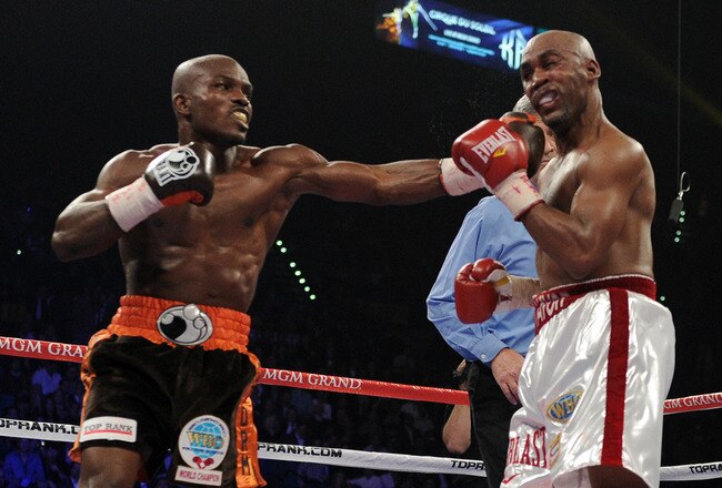 LAS VEGAS, NV - NOVEMBER 12:  (L-R) Timothy Bradley connects with a left to the head of Joel Casamayor during their WBO junior welterweight title fight at the MGM Grand Garden Arena on November 12, 2011 in Las Vegas, Nevada.  (Photo by Harry How/Getty Images)