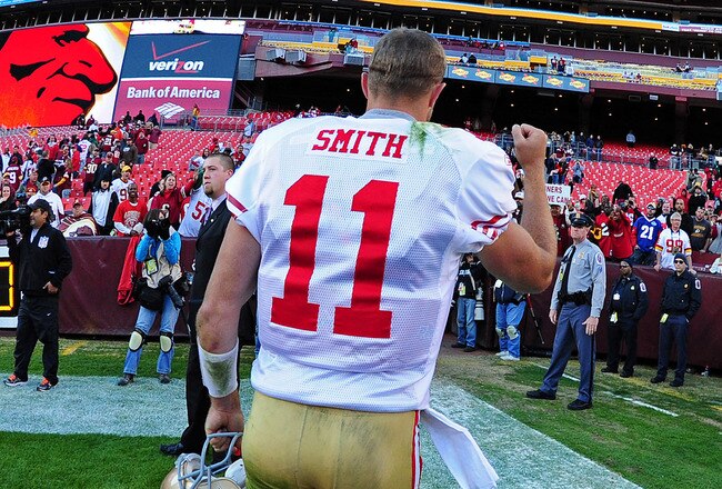 LANDOVER, MD - NOVEMBER 6: Alex Smith #11 of the San Francisco 49ers heads off the field after the game against the Washington Redskins at FedEx Field on November 6, 2011 in Landover, Maryland. (Photo by Scott Cunningham/Getty Images)