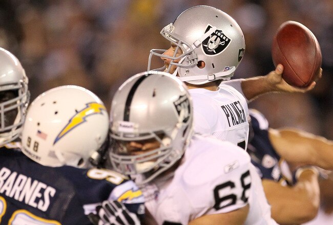 SAN DIEGO, CA - NOVEMBER 10:  Quarterback Carson Palmer #3 of the Oakland Raiders throws a pass from the pocket in the game against the San Diego Chargers at Qualcomm Stadium on November 10, 2011 in San Diego, California.  (Photo by Stephen Dunn/Getty Images)