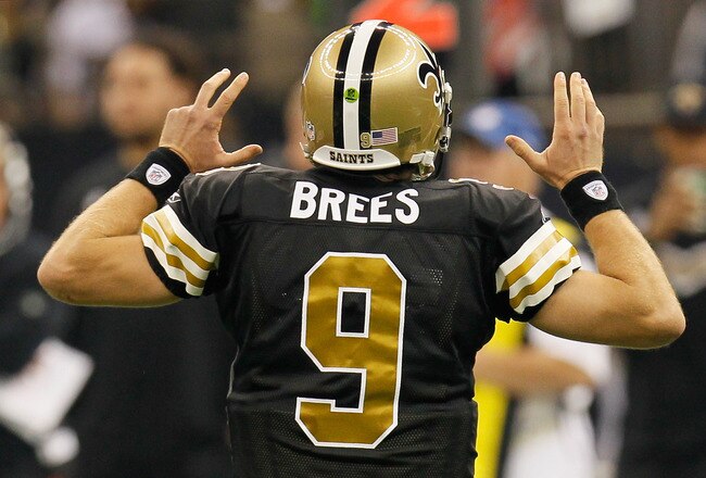 NEW ORLEANS, LA - NOVEMBER 06:  Drew Brees #9 of the New Orleans Saints yells to the sideline during the game against the Tampa Bay Buccaneers at Mercedes-Benz Superdome on November 6, 2011 in New Orleans, Louisiana.  (Photo by Kevin C. Cox/Getty Images)