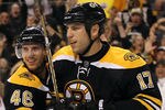BOSTON,  MA - NOVEMBER 10:  Milan Lucic #17 of the Boston Bruins celebrates his goal with teammate David Krejci #46 of the Boston Bruins in the third period against the Edmonton Oilers at TD Garden on November 10, 2011 in Boston, Massachusetts. Bruins won 6-3. (Photo by Jim Rogash/Getty Images)