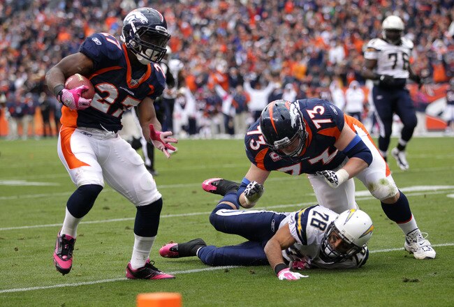 2DENVER, CO - OCTOBER 09:  Knowshon Moreno #27 of the Denver Broncos runs in for a touchdown after catching the pass from quarterback Tim Tebow #15 against the San Diego Chargers at Sports Authority Field at Mile High on October 9, 2011 in Denver, Colorado.  (Photo by Doug Pensinger/Getty Images)