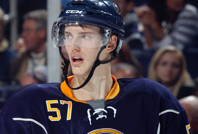 BUFFALO, NY - OCTOBER 14: Tyler Myers #57 of the Buffalo Sabres skates against the Carolina Hurricanes during their NHL game at First Niagara Center October 14, 2011 in Buffalo, New York. (Photo by Dave Sandford/Getty Images)