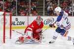 DETROIT, MI - NOVEMBER 11:  Eric Belanger #20 of the Edmonton Oilers is stopped on a short breakaway by Jimmy Howard #35 of the Detroit Red Wings during their NHL game at Joe Louis Arena November 11, 2011 in Detroit, Michigan.  (Photo by Dave Sandford/Getty Images)