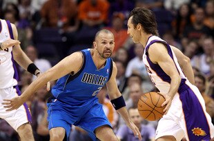 PHOENIX, AZ - MARCH 27:  Steve Nash #13 of the Phoenix Suns drives the ball past Jason Kidd #2 of the Dallas Mavericks during the NBA game at US Airways Center on March 27, 2011 in Phoenix, Arizona.  NOTE TO USER: User expressly acknowledges and agrees that, by downloading and or using this photograph, User is consenting to the terms and conditions of the Getty Images License Agreement.  (Photo by Christian Petersen/Getty Images)