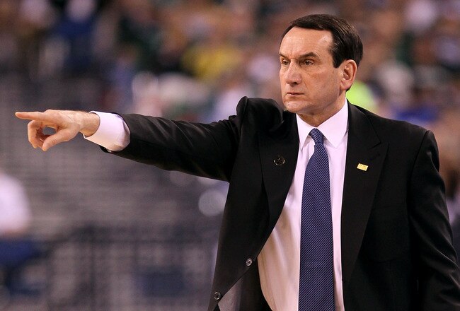 INDIANAPOLIS - APRIL 03:  Head coach Mike Krzyzewski of the Duke Blue Devils gestures as he coaches in the first half against the West Virginia Mountaineers during the National Semifinal game of the 2010 NCAA Division I Men's Basketball Championship at Lucas Oil Stadium on April 3, 2010 in Indianapolis, Indiana.  (Photo by Andy Lyons/Getty Images)