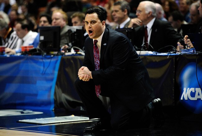 ANAHEIM, CA - MARCH 26:  Head coach Sean Miller of the Arizona Wildcats shouts from the bench during the west regional final of the 2011 NCAA men's basketball tournament at the Honda Center on March 26, 2011 in Anaheim, California.  (Photo by Kevork Djansezian/Getty Images)
