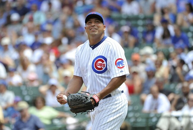 CHICAGO, IL - JULY 22:  Starting pitcher Carlos Zambrano #38 of the Chicago Cubs stands on the mound during the second inning against the Houston Astros at Wrigley Field on July 22, 2011 in Chicago, Illinois. The Cubs won 4-2.  (Photo by Brian Kersey/Getty Images)