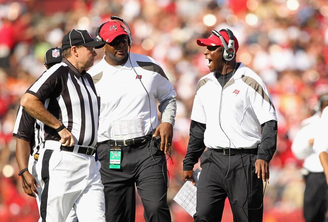 SAN FRANCISCO, CA - OCTOBER 09:  Head coach Raheem Morris of the Tampa Bay Buccaneers argues with a referee during their game against the San Francisco 49ers at Candlestick Park on October 9, 2011 in San Francisco, California.  (Photo by Ezra Shaw/Getty Images)