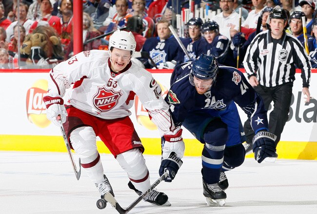 RALEIGH, NC - JANUARY 30:  Martin Havlat #24 of the Minnesota Wild and Team Lidstrom vies for the puck with Jeff Skinner #53 of the Carolina Hurricanes and Team Staal in the 58th NHL All-Star Game at RBC Center on January 30, 2011 in Raleigh, North Carolina.  (Photo by Kevin C. Cox/Getty Images)