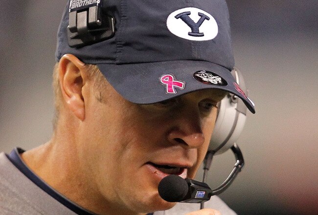 ARLINGTON, TX - OCTOBER 28:  Coach Bronco Mendenhall of the BYU Cougars looks on during a game against the TCU Horned Frogs at Cowboys Stadium on October 28, 2011 in Arlington, Texas. The TCU Horned Frogs defeated the BYU Cougars 38-28.  (Photo by Sarah Glenn/Getty Images)