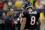 HOUSTON, TX - OCTOBER 09:  Quarterback Matt Schaub #8 talsk with head coach Gary Kubiak of the Houston Texans in the final timeout late in the fourth quarter against the Oakland Raiders on October 9, 2011 at Reliant Stadium in Houston, Texas. Raiders won 25 to 20.(Photo by Thomas B. Shea/Getty Images)