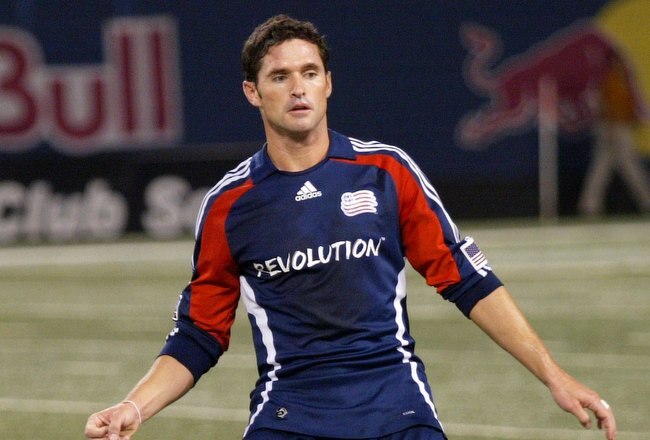 EAST RUTHERFORD, NJ - SEPTEMBER 18: Jay Heaps #6 of the New England Revolution plays the ball against the New York Red Bulls during their game at Giants Stadium on September 18, 2009 in East Rutherford, New Jersey. The Red Bulls and the Revolution played to a 1-1 draw.  (Photo by Andy Marlin/Getty Images for New York Red Bulls)