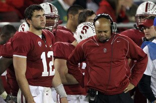 STANFORD, CA - NOVEMBER 12:  Andrew Luck #12 of the Stanford Cardinal and head coach David Shaw stand on the sideline during the closing minute of their loss to the Oregon Ducks at Stanford Stadium on November 12, 2011 in Stanford, California.  (Photo by Ezra Shaw/Getty Images)