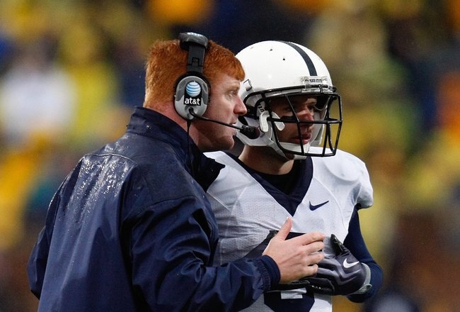ANN ARBOR, MI - OCTOBER 24:  Wide receivers coach Mike McQueary of the Penn State Nittany Lions speaks with Graham Zug #5 during the game against the Michigan Wolverines on October 24, 2009 at Michigan Stadium in Ann Arbor, Michigan. (Photo by  Gregory Shamus/Getty Images)