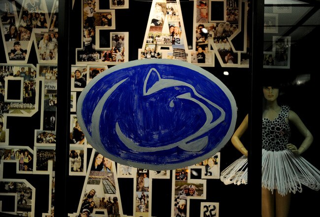 STATE COLLEGE, PA - NOVEMBER 10: On College Avenue, a crying Penn State Nittany Lion window painting marks a store front, November 10, 2011 in State College, Pennsylvania. Paterno was fired during the Penn State Board of Trustees Press Conference yesterday in the wake of a sexual abuse scandal involving former defensive coordinator Jerry Sandusky. (Photo by Patrick Smith/Getty Images)