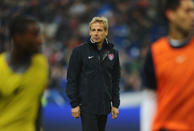 PARIS, FRANCE - NOVEMBER 11:  Coach Jurgen Klinsmann of USA looks on during a pre match training session prior to the International Friendly between France and USA at Stade de France on November 11, 2011 in Paris, France.  (Photo by Mike Hewitt/Getty Images)