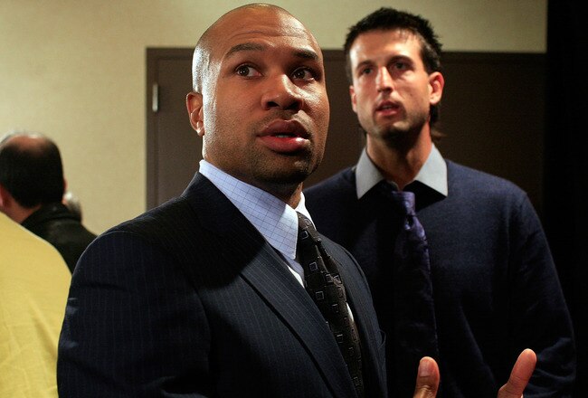 NEW YORK, NY - NOVEMBER 14:  Derek Fisher, President of the National Basketball Players Association reacts after a press conference after National Basketball Players Association  met to discuss the current CBA offer at Westin Times Square on November 14, 2011 in New York City.  (Photo by Patrick McDermott/Getty Images)