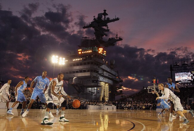 CORONADO, CA - NOVEMBER 11:  The North Carolina Tar Heels play against the Michigan State Spartans during the Quicken Loans Carrier Classic on board the USS Carl Vinson on November 11, 2011 in Coronado, California.  (Photo by Ezra Shaw/Getty Images)