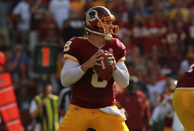LANDOVER, MD - SEPTEMBER 11:  Rex Grossman #8 of the Washington Redskins at FedExField on September 11, 2011 in Landover, Maryland.  (Photo by Ronald Martinez/Getty Images)