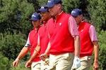 MELBOURNE, AUSTRALIA - NOVEMBER 16: (L-R) Dustin Johnson, Tiger Woods, Steve Stricker and Matt Kuchar of the U.S. Team walk together during a practice round prior to the start of the 2011 Presidents Cup at Royal Melbourne Golf Course on November 16, 2011 in Melbourne, Australia.  (Photo by Scott Halleran/Getty Images)