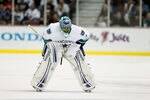 ANAHEIM, CA - NOVEMBER 11:  Goaltender Roberto Luongo #1 of the Vancouver Canucks skates to the bench against the Anaheim Ducks at Honda Center on November 11, 2011 in Anaheim, California.  (Photo by Jeff Gross/Getty Images)