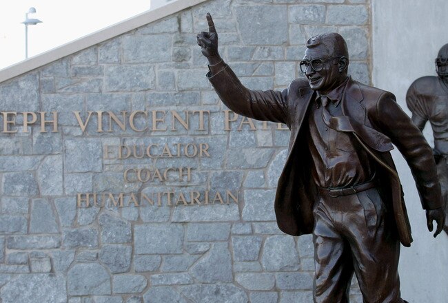 UNIVERSITY PARK, PA - NOVEMBER 08:  A statue of  Penn State University head football coach Joe Paterno is seen outside of Beaver Stadium on November 8, 2011 in University Park, Pennsylvania. Amid allegations that former assistant Jerry Sandusky was involved with child sex abuse, Paterno's weekly news conference was canceled about an hour before it was scheduled to occur. (Photo by Rob Carr/Getty Images)