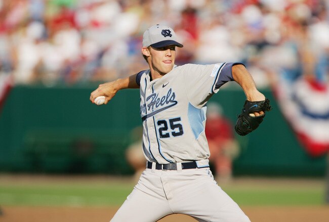 OMAHA, NE - JUNE 26:  Daniel Bard #25 of the North Carolina Tar Heels pitches against the Oregon State Beavers during game three of the NCAA College World Series Baseball Championship at Rosenblatt Stadium on June 26, 2006 in Omaha, Nebraska. The Beavers defeated the Tar Heels 3-2 to win the championship.  (Photo by Doug Pensinger/Getty Images)