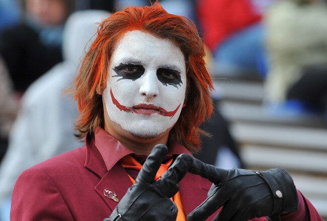 DURHAM, NC - OCTOBER 29:  A fan of the Virginia Tech Hokies watches play against the Duke Blue Devils October 29, 2011 at Wallace Wade Stadium in Durham, North Carolina.The Hokies won 14-10.  (Photo by Al Messerschmidt/Getty Images)