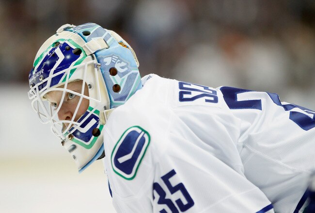ANAHEIM, CA - NOVEMBER 11:  Goaltender Cory Schneider #35 of the Vancouver Canucks looks on prior to the start of the game against the Anaheim Ducks at Honda Center on November 11, 2011 in Anaheim, California.  (Photo by Jeff Gross/Getty Images)