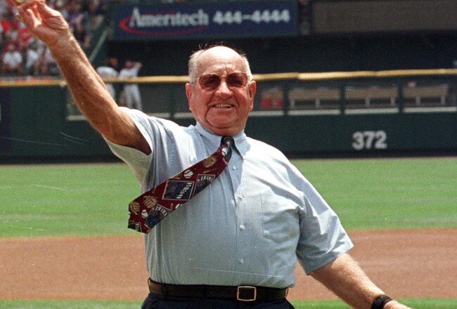ST. LOUIS- JULY 18, 1999:  Former St. Louis Cardinals' baseball great and Hall of Famer Enos Slaughter, pictured in this July 18, 1999 file photo, died at Duke University Medical Center August 12, 2002 in Durham, North Carolina.  He was 86.  Slaughter is best known for his 'Mad Dash' in Game 7 of the 1946 World Series where he scored the winning run from first base in the eighth inning of the Cardinals' win over the Boston Red Sox.  (Photo by Bill Greenblatt/Getty Images)