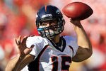 KANSAS CITY, MO - NOVEMBER 13:  Quarterback Tim Tebow #15 of the Denver Broncos warms up prior to the game against the Kansas City Chiefs on November 13, 2011 at Arrowhead Stadium in Kansas City, Missouri.  (Photo by Jamie Squire/Getty Images)