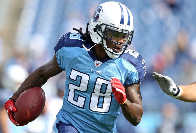 NASHVILLE, TN - OCTOBER 30:  Chris Johnson #28 of the Tennessee Titans runs with the ball before the NFL game against the Indianapolis Colts at LP Field on October 30, 2011 in Nashville, Tennessee.  (Photo by Andy Lyons/Getty Images)